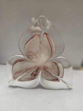 Vintage Handblown Murano Glass Flower Sculpture - White with Rose Swirl